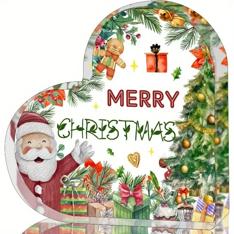 2D Flat Acrylic Christmas Heart-Shaped Tabletop Decoration - Merry Christmas Design with Santa, Gingerbread & Holiday Decorations - Perfect for Christmas Gift Display, Office Desks, and Layered Trays, Holiday Table Decor | Festive Design