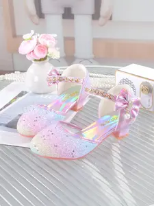 Girl's Faux Pearl Decorated Bowknot Design Glitter High Heel Sandals, 2024 New Style Elegant Party Shoes for Kids, Comfortable Princess Shoes for Daily Wear, Sparkly Sandals, Fashionable Comfy Sandals, Cute Bow Sandals