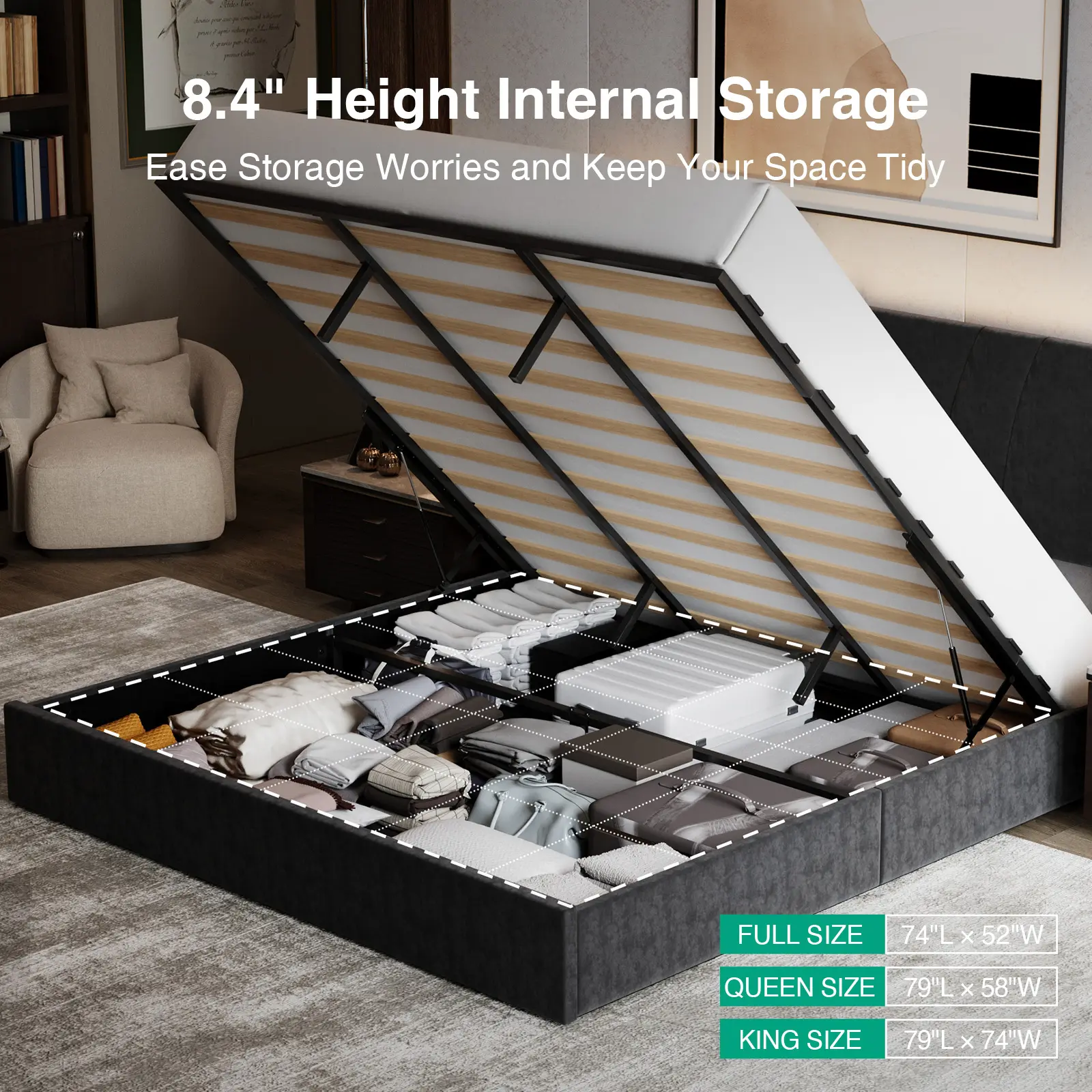 Novilla Upholstered Lift-Up Storage Bed Frame - Queen/Full/King Size, Hydraulic Lift, 3-Level Adjustable Headboard, Charging Station with USB Port, LED Light, No Box Spring Needed, Bed with Storage Underneath, Queen Bed Frame