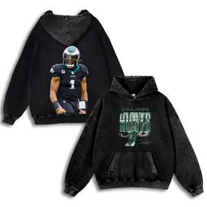 Jalen Hurts #1 Eagles Casual Washed Hoodie | Dual-Threat QB Gear, Philly Birds Pride, Oversized Washed Tush Push Collector