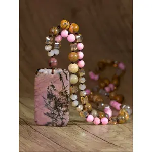 Natural Rhodochrosite Square Pendant Necklace Handmade Bohemian Faceted Glass Knot Long Necklace Women Gift Stylish Unique Jewelry