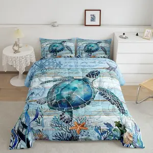 Cute Sea Turtle Designer Comforter Set,Ocean Creature Themed Comforter,Marine Animals Luxury Bedding Set,Summer Blue Ocean Themed Duvet Set