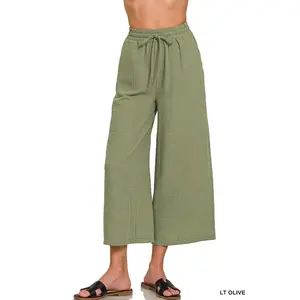 Zenana Woven Crepe Elastic Band Waist Cropped Pants