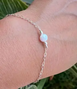 White Opal Bracelet, Minimalist Bracelet, Tiny Opal Bracelet, Blue Opal Bracelet, Opal Bracelet in Sterling Silver, Beaded Opal Bracelet