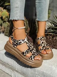 Women's Leopard Print Wedge Sandals, Thick Sole Roman Style Retro Platform Shoes, Casual PU Leather Summer Footwear