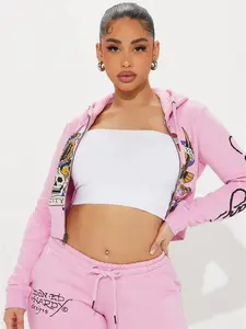 New York Eagle Women's Graphic Tees & Tops Pink Zip Front Hoodie with Skull Detailing & Drawstring Waist