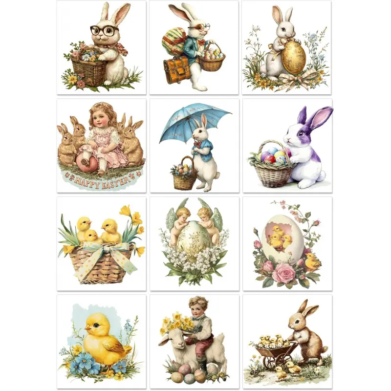12 Sheets Easter Bunny Rub on Transfers for Crafts Watercolor Animals Rub on Stickers 6"X6" Cute Rabbit Floral Transfer Stickers for Easter Home Cabinet Ceramic Scrapbooking Decorative