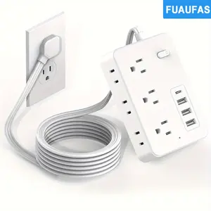 Surge Protector Power Strip with 5-Foot Flat Plug Extension Cord, 6 Wide Outlets and 4 USB Ports (1 USB-C), with On/Off Switch, Overload Protection, Dual Voltage 110V/220V, US Plug for Home Office Use - Rectangle Shape