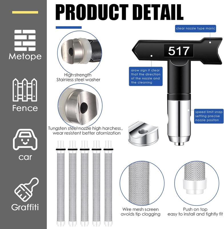 17 Pcs Airless Paint Sprayer Gun Set Including Spray Gun Hose 5 Types Nozzles 3 Sizes Extension Pole 5 Airless Spray Gun Mesh Filters Baffle Nozzle Holder (Multi Color,211, 313, 415, 517, 623)