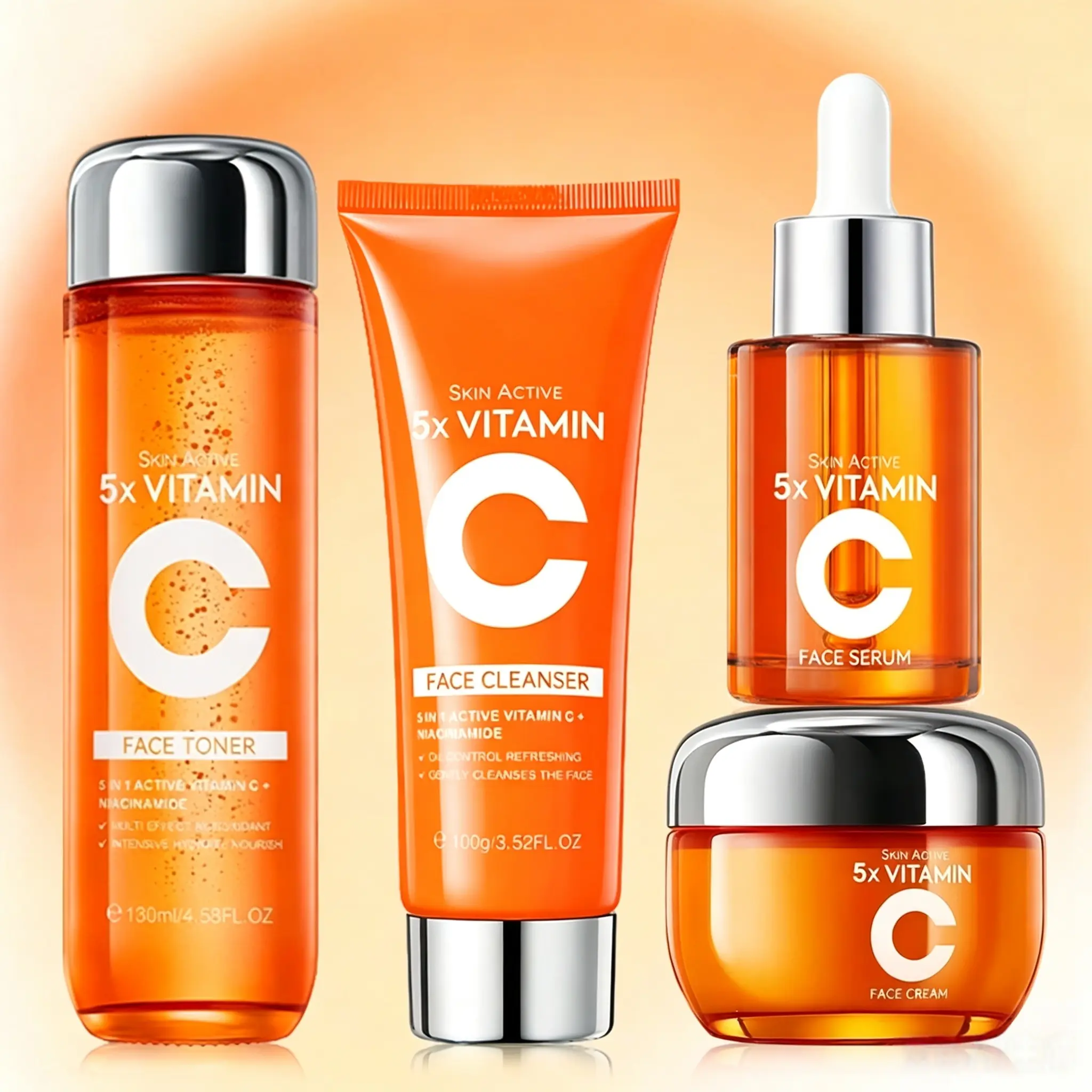 Vitamin C Infused Daily Skin Kit for Adults - Cleanser, Toner, Serum, Moisturizer, Cream, Lotion, Gentle Hydrating Brightening Beauty & Self Care Products for All Skin Types