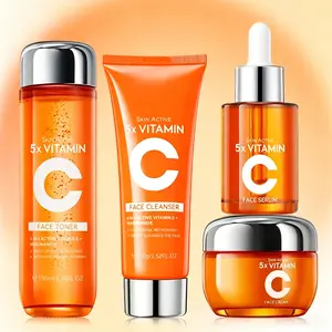 【 4PCS 】5X Vitamin C Face Wash & 5X Vitamin Face Toner & 5X Vitamin C Face Serum & 5X Vitamin C Face Cream , Sets of vitamin C skin , Moisturizing, Hydration ,Clean,for all Skins Gift for Women Hydrating