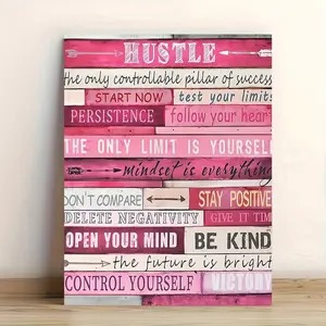 2D Flat 1 Piece Pink Motivational Canvas Wall Art - Wooden Frame Motivational Poster, Includes Positive Affirmations, "Hustle" and "Only You Are the Limit" Quotes, Perfect for Home, Office or Cafe Decoration, Office Wall Art| Inspirational Quotes| F