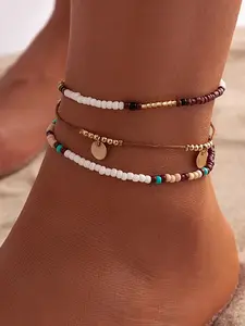 3-Piece Bohemian-Style Seed Bead Anklet Set for Women — Vintage-Inspired Beaded Anklets with Round Sequins, Adjustable Gold-Plated Bohemian Foot Jewelry, Hawaiian Beach-Style Accessories, and Stylish Summer Gifts.