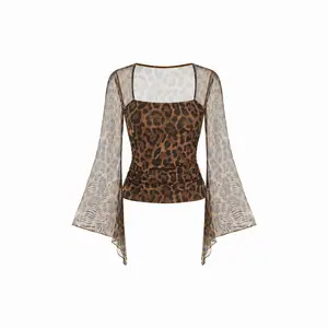 Cider Chiffon Leopard Square Neck Bell Sleeve Top