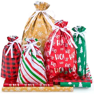 BASIC SUPPLY 36 PCS Christmas Drawstrings Gift Bags Assorted Sizes(Large Medium Small), Xmas Reusable Plastic Bag for Presents Wrapping, Holiday Party Favors