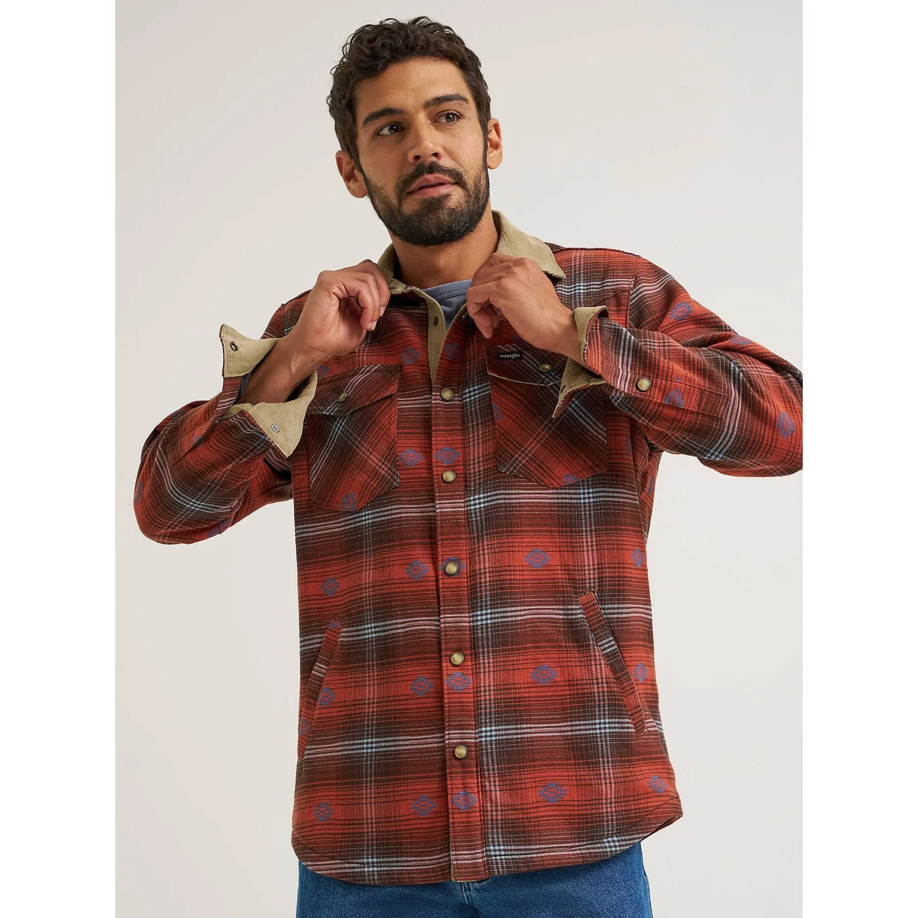 Menswear Wrangler Aztec Shirt Jacket - Polyester, Fleece, Corduroy, Flannel Lumberjack Style Top for Men, Pockets, Full Sleeves, Elastane, Snug Snap-Up, 2 Side Hand Pockets, Casual, Chest Pockets