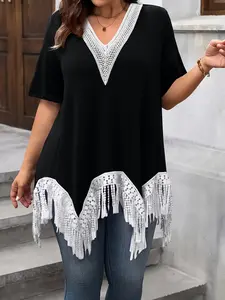 Plus Size Women's Vintage Fringe Lace Patchwork Blouse, Womenswear Aesthetic Top Style, Conceals Fat and Slimming, Perfect Atmosphere, Ideal for Daily Wear, Everyday