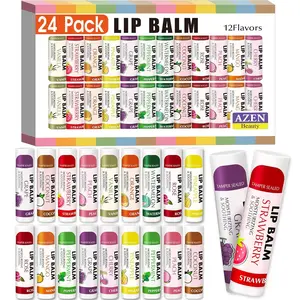 AZEN 24 Pack Lip Balm, Natural Lip Balm Bulk, Lip Care Product, Moisturizing Lip Balms for Dry Cracked Lips - 12 scents