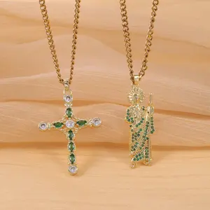 2pcs/set of San Judas Tadeo Necklace+Jesus Cross Necklace Men/Woman Necklace Cuban Chain Necklace Green Diamond Necklace