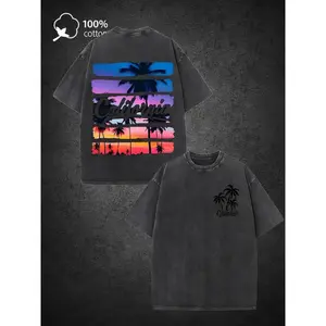 Men's & Women's Heavyweight 230gsm Washed T-Shirt - Tropical Palm Tree Gradient Ocean to Sunset Color, Oversized Loose Fit Short Sleeve Tee Suitable for Hawaii, Caribbean Vacations, Beachwear, Casual Outdoor Wear