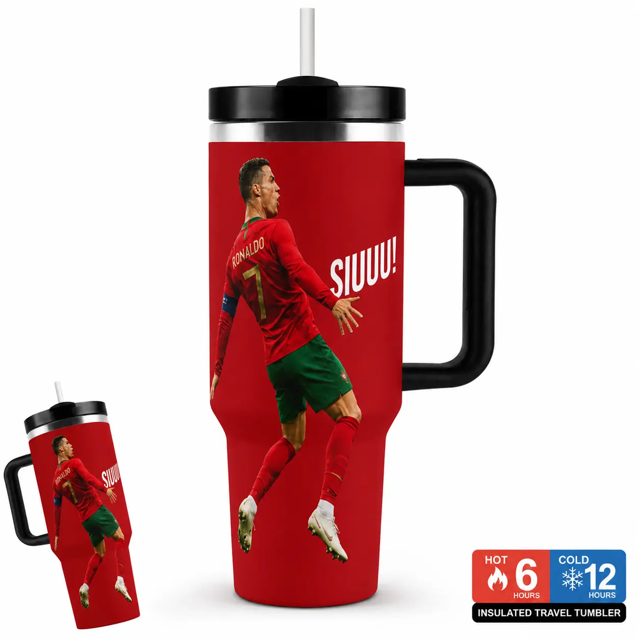 40Oz CR7 Siuuuu Soccer Fan Insulated Tumbler with Handle and Straw, Red Stainless Steel Travel Mug with 304 Inner Liner, Double-Wall Vacuum Cup, Large Capacity Cup Holder Friendly Drinkware for Car, Work, Outdoor Travel and Gifts