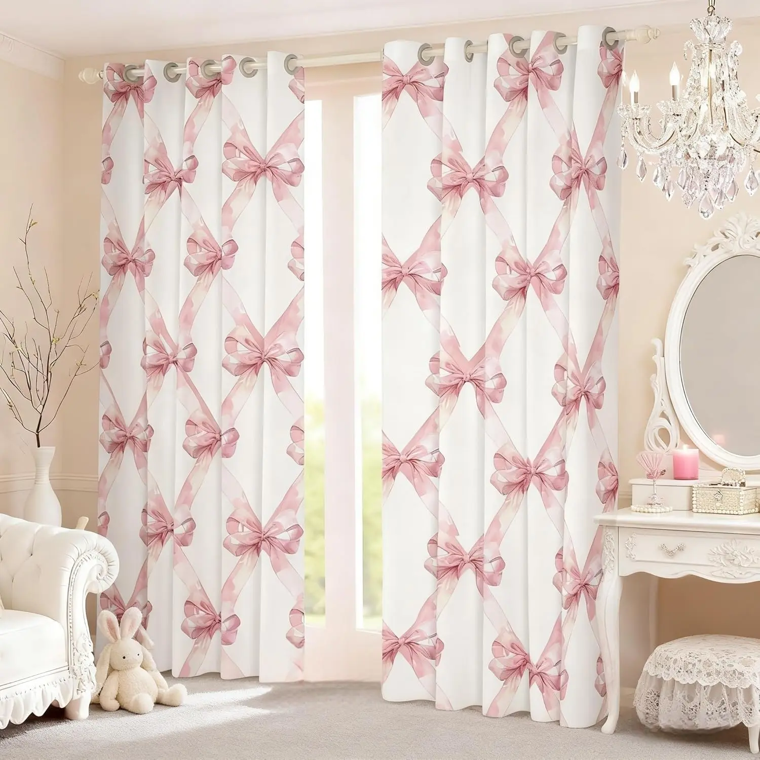 Pink Bowknot Blackout Window Curtain Set of Panels,Dreamy Princess Style Window Drapes,Watercolor Bow Geometric Grids White Curtain Adults Bedroom Decor