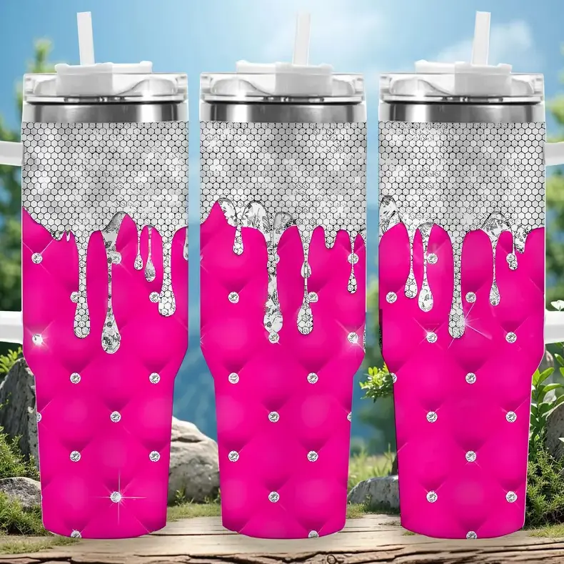 [Princess Collection] Glittery Pink Crown 40oz/20oz Tumbler with Handle & Straw, Stainless Steel Double Wall Vacuum Insulated Travel Mug, Glitter Crown Princess Edition, Keeps Drinks Hot & Cold, Fits Car Cup Holder, Gift for Women