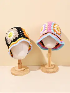 Neutral Smiley Face Flower Pattern Knitted Fisherman Hat, Fitted Style for Outdoor Activities & Travel, Cute Design