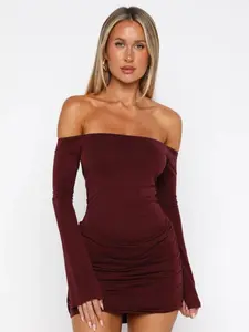 Elegant One-Shoulder Ruched Flare Sleeve Flared Dress, Chic Ruffled Design, Vintage Style, Slim Fit, Fashionable Women's Clothing, Long Sleeve