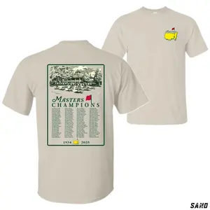 Masters Champions 2025 T-shirt Featuring Legendary Augusta National Golf Club with Complete List of Masters Tournament Champions.