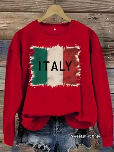 Women's Italy Flag Print Crew Neck Sweatshirt, Casual Fitted Long Sleeve Pullover for Fall & Winter, Women's Clothes for Daily Wear, Hoodie, Tops, Womenswear