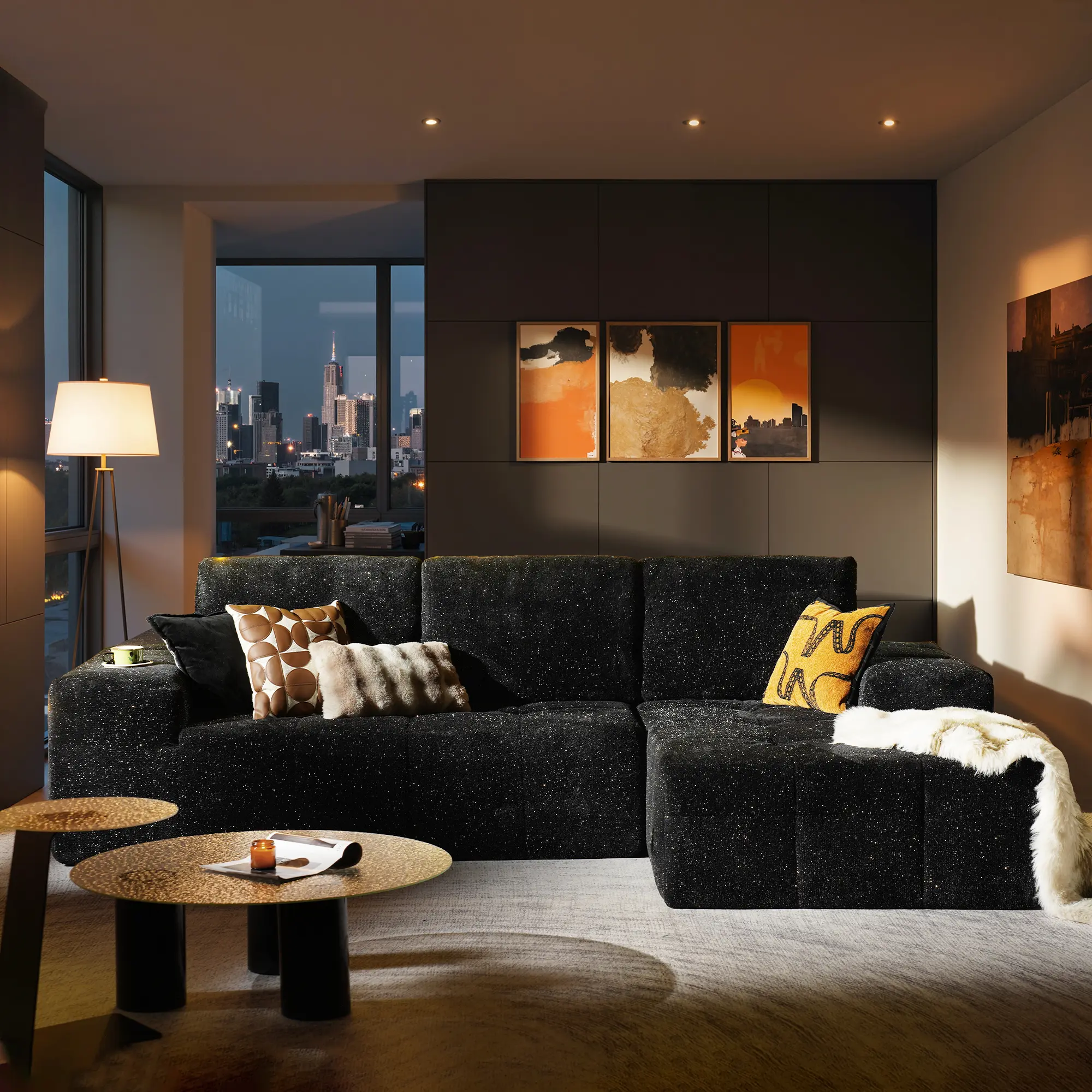 114" Obsidian Black Shimmer Plush Right Chaise