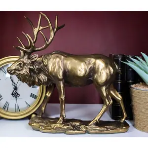 Large Wapiti Bull Elk Deer With Towering Antlers Rustic Statue In Gold Patina