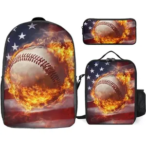 USA Flag Baseball Sports 3PCS Backpack Set 17 Inch Laptop Bag with Lunch Box Pencil Case