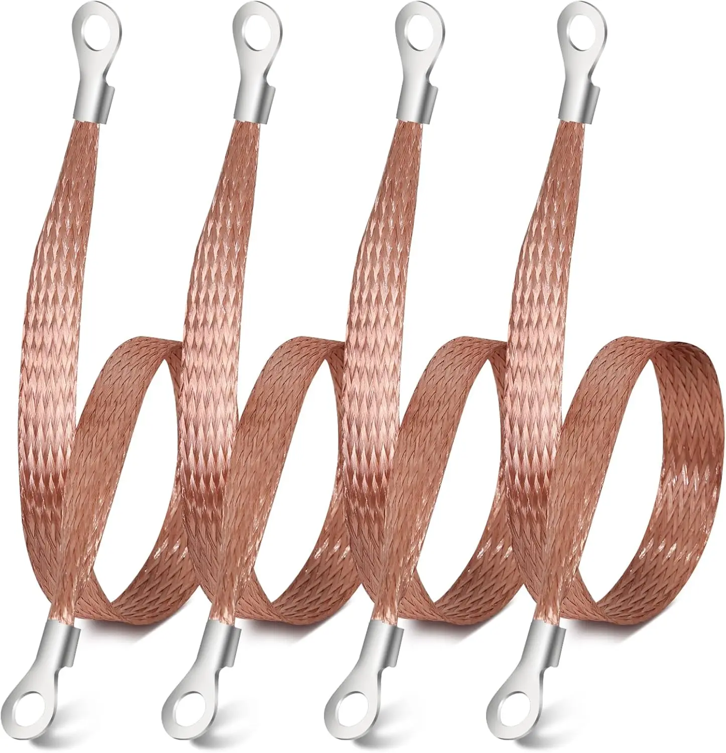 4PCS Corrosion Resistant Braided Tinned Copper Flat Ribbon Automotive Ground Strap - 12in x 0.5in (30.5cm), Terminal Plugs, Universal Fit for Cars/Trucks, Yachts, Engine Body, Battery Negative Terminal, Audio Systems