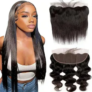 MISS ROLA 13x4 Ultra Transparent Lace Frontal Hair Extension Unprocessed Human Hair Natural Straight/ Body Wave Pre Plucked Natural Hairline Free Part 100% Veitnamese Virgin Human 150% Density Natural Black 16 Inch