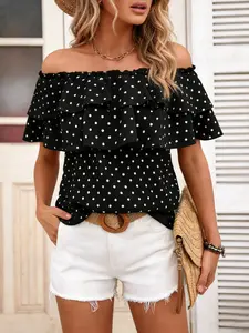 Polka Dot Ruffled Shoulder Shirt Blouse, Lightweight Fabric, Fitted Sweet Summer Daily Wear, Casual Fashion Top for Women