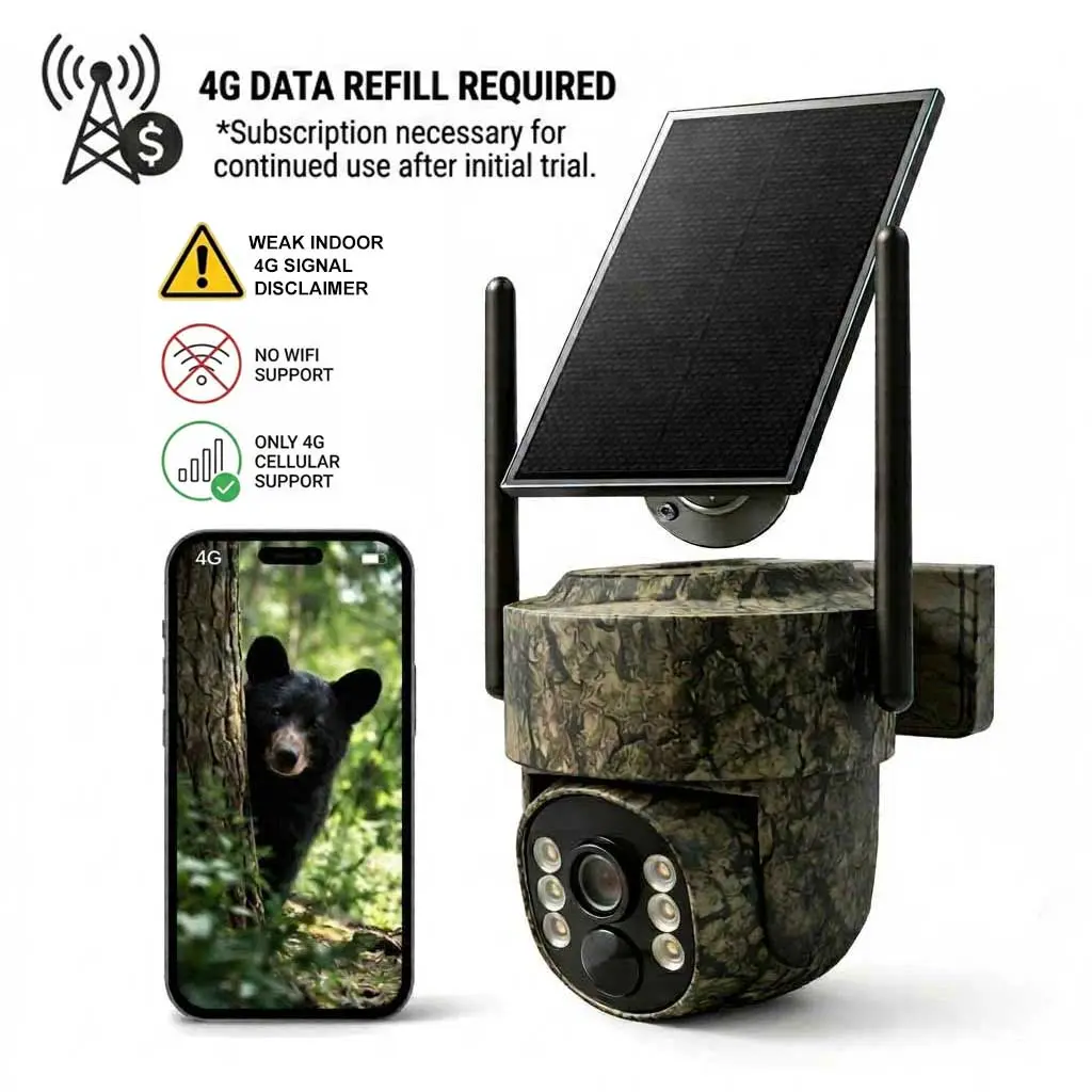 [4G Data Subscription Required]4G LTE Wireless Solar Powered Security Camera D301 – 2K HD Live View 360° Coverage,For Outdoor Use Only-Weak Indoor 4G Signal Disclaimer,No WiFi, Remote APP Controlled, WaterProof, Motion Activated, Night Vision