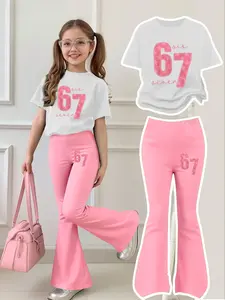 Girls' Sweet Cool Star Print Short Sleeve Bell Bottom Set, T-Shirt with Star Pattern, Casual Breathable Comfort