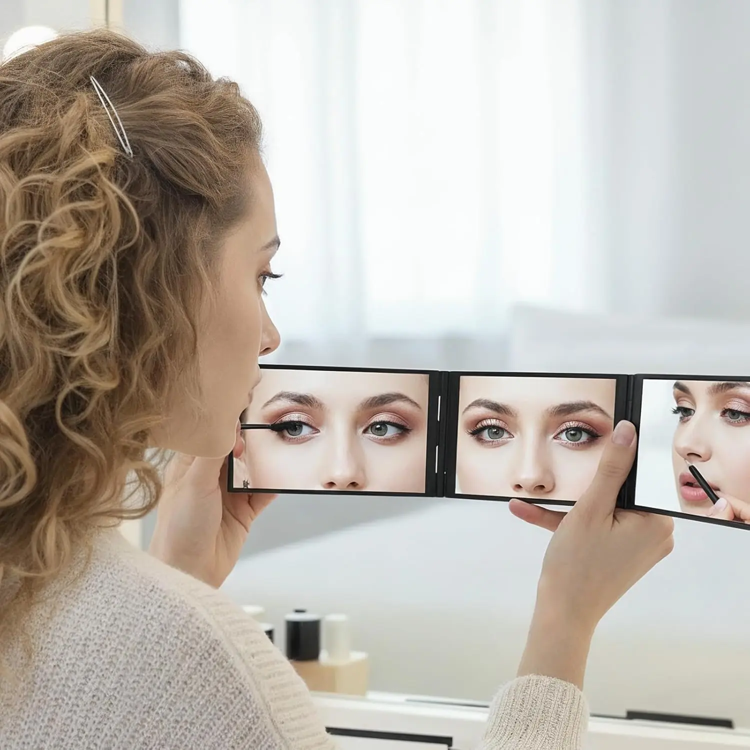4 Way Mirror Foldable Makeup Mirror Portable 360 Degree Handheld Haircut Mirrors 4 Barber Desktop DIY Haircut Tool for Hair Cuting Styling Grooming Sided Self Haircuts for Home and Salon, 4.7 * 2.7 in