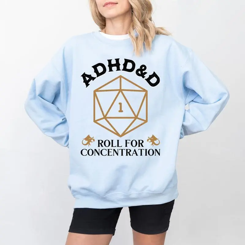 ADHD&D Roll for Concentration Sweatshirt - Unisex Crewneck, 100% Cotton, Graphic Design, True to Size Fit, Suitable for RPG and Casual Wear - Fabric