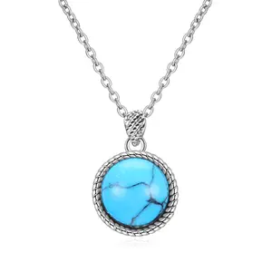 Aprilery Textured Chain Pendant Necklace Vintage Rope Frame Round Turquoise Boho Jewelry for Women