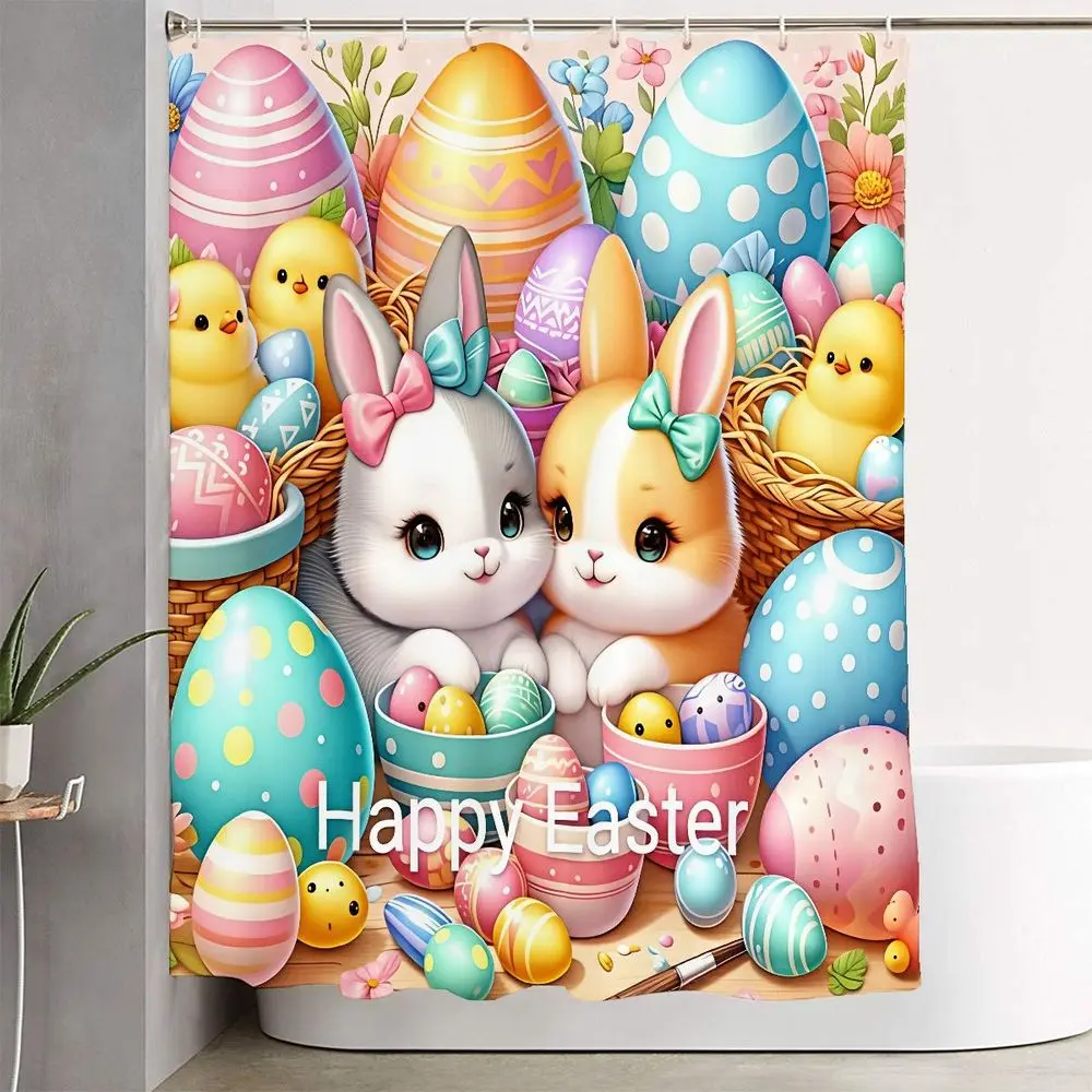 1/4pcs Easter Bunny & Polka Dot Egg Bathroom Set - Shower Curtain Sets, 2 Bath Mats, Toilet Lid Cover - Colorful Pastel Eggs, Bows, 'Happy Easter' Playful Font, Festive Spring Bathroom Decor
