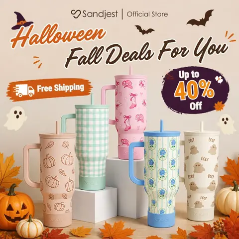 SANDJEST Halloween Fall 40oz Insulated Tumbler with Silicone Straw & Handle, Protective Silicone Boot, Cup Holder-Friendly, Stainless Steel Flask for Travel School Office Outdoor, Hot/Cold Insulation, Thanksgiving Christmas Gift #falldealsforyou