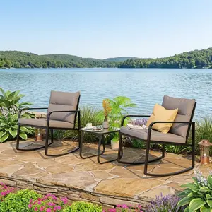 3 Piece Rocking Bistro Patio Set, Rustproof Steel Frame Rocking Chairs with Glass Coffee Table and Soft Back Cushion, Grey Lightweight Conversation Furniture for Balcony Garden Deck Backyard Outdoor Leisure