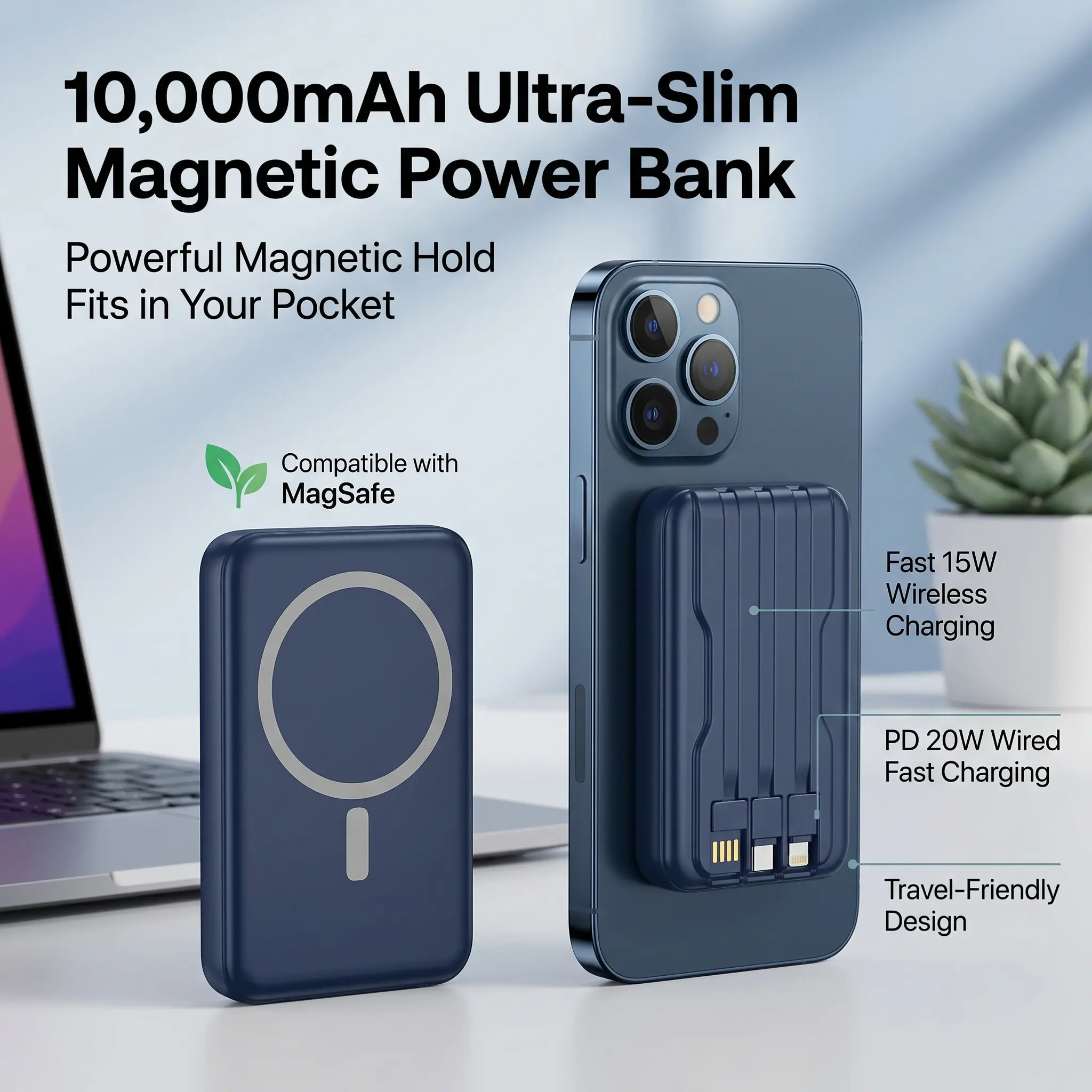 MagSafe 10000mAh Wireless Magnetic Power Bank with 3 Fast-Charging Cables, Portable Charger & Magnetic Phone Charger for Apple, Samsung Smartphones (Tools and Gadgets, Cool Gadgets)