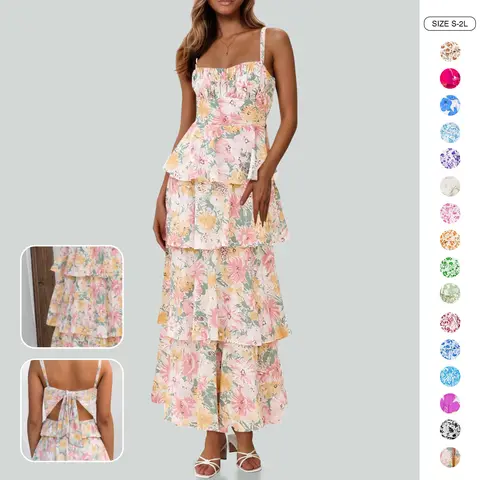 Wenrine Women's Light Smooth Woven Fabric Classy Dress - Sleeveless Spaghetti Strap, Tiered Ruffle, Tie Back, Flowy Long, Elegant Summer Clothing, Zip Closure, for Dinner Party, Wedding Guest Clothes Products
