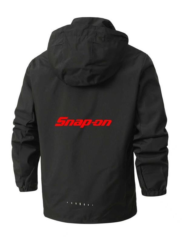 Men's Lightweight Polyester Fashion Hooded Jacket, Snap-On Letter Print, Full Zip Front, Casual Outdoor Spring & Fall Outerwear