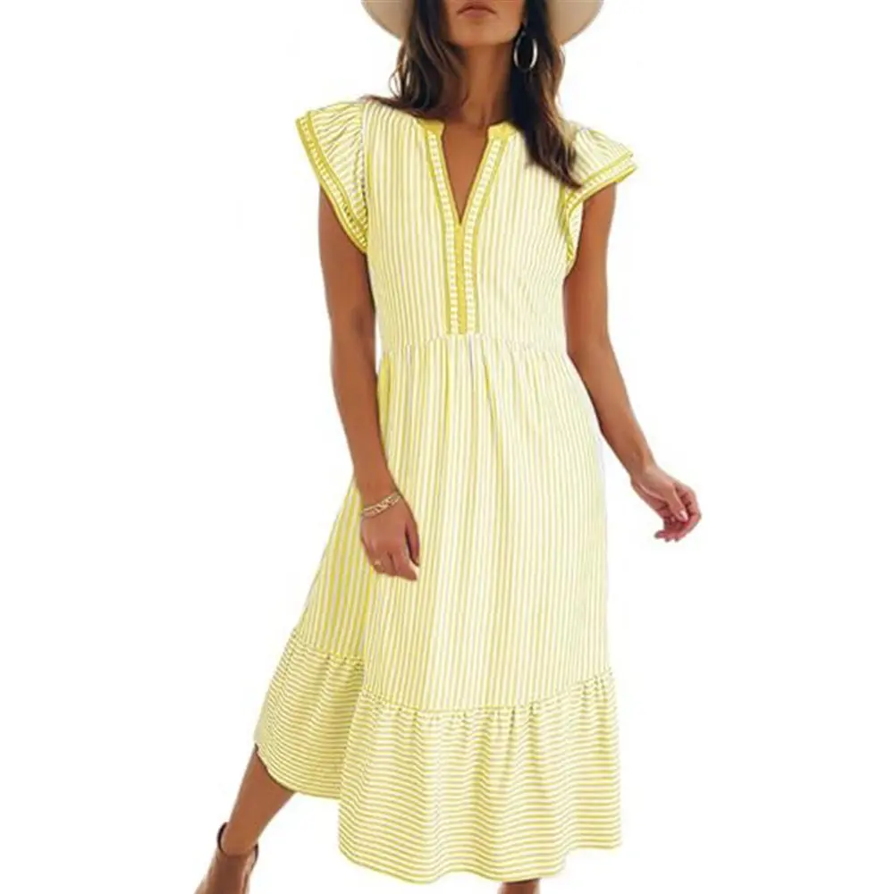 EncoLax Womens Dresses 2026 Summer V-Neck Ruffle Cap Sleeve Empire Waist Flowy Striped Beach Midi Maxi Dress with Pockets