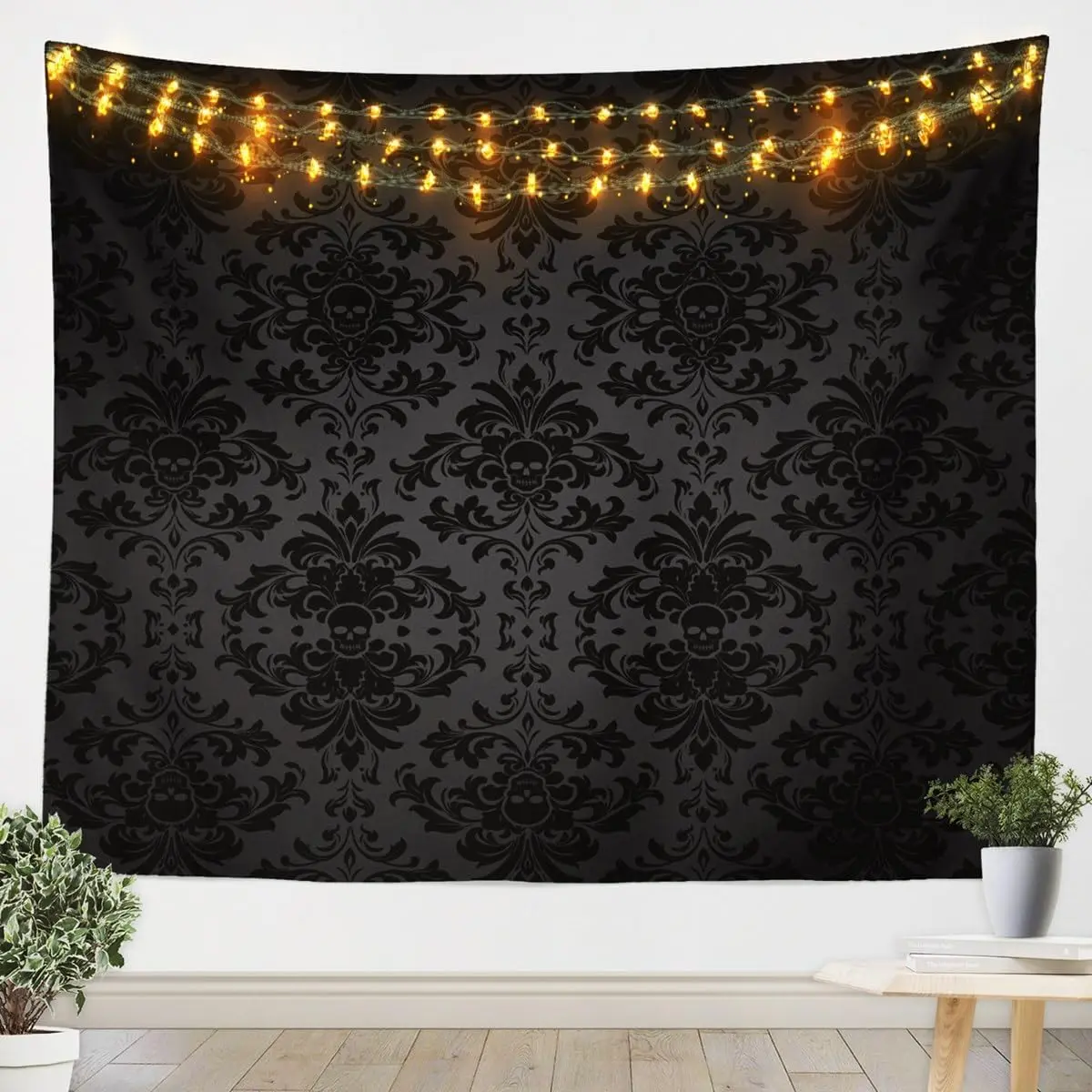 Feelyou XL Large Black Damask Print Tapestry - 70.9x92.5in Victorian Baroque Gothic Bone Skeleton Wall Decor, Brightening Soft Lightweight Machine-Washable Indoor Home Decor Supplies